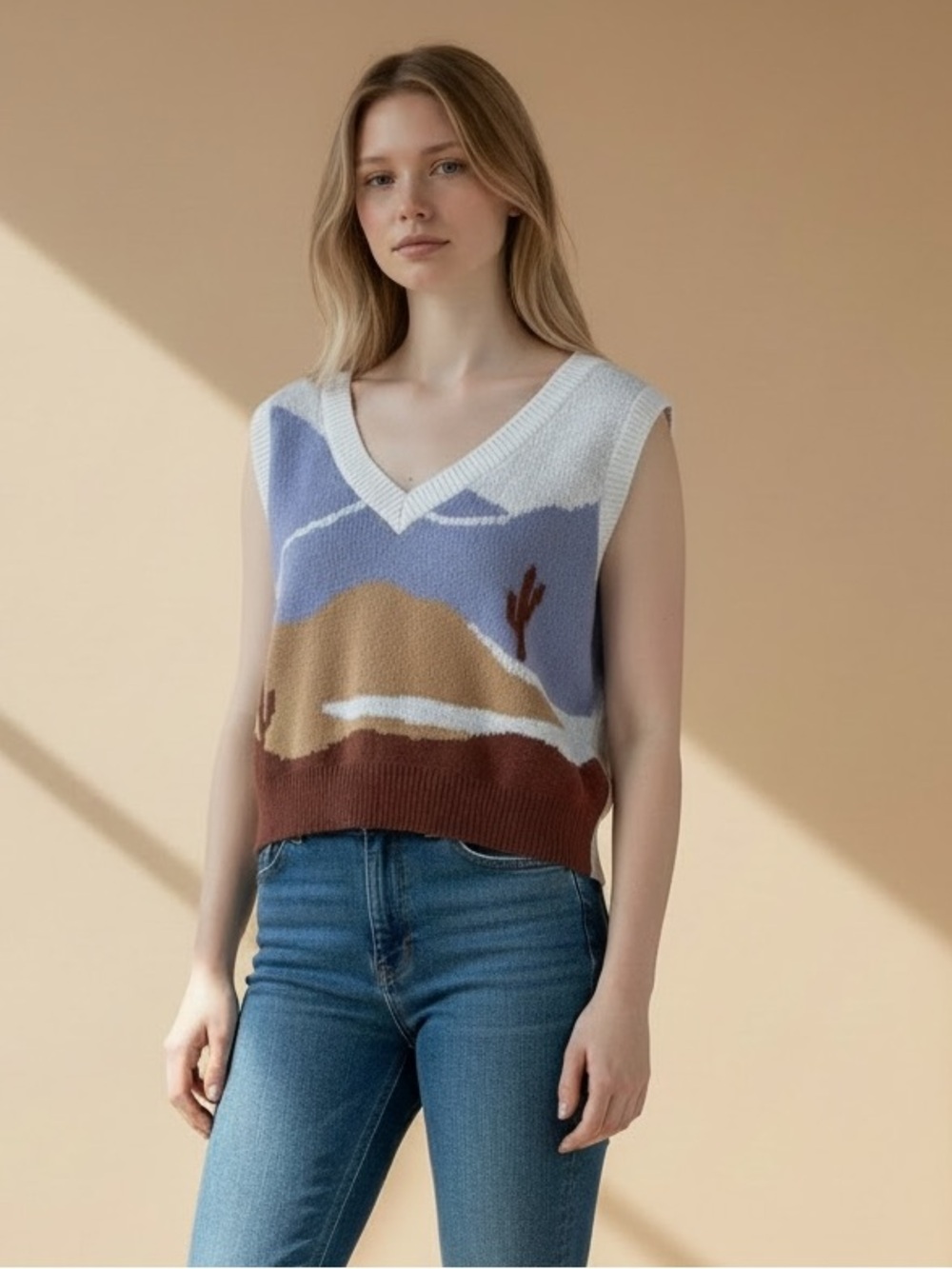 Hollister Desert Landscape Sweater Vest Womens XS Cropped Knit Cactus Western